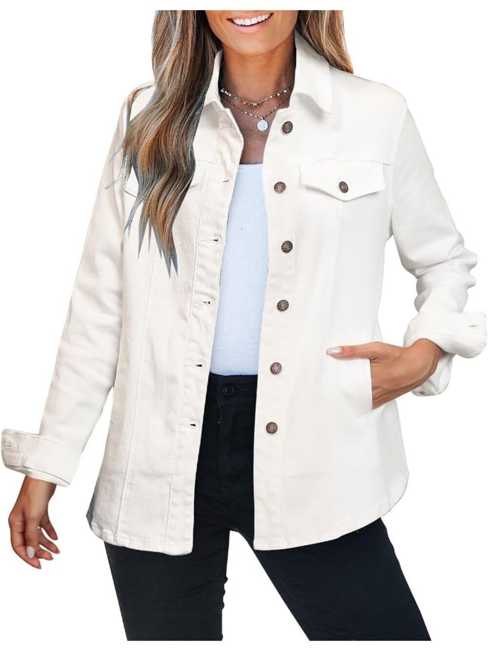 Women's Off-white Long Sleeve button down Pockets Denim Jacket Casual